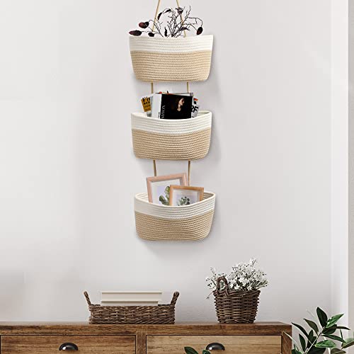 TeoKJ Over the Door Hanging Basket, 3-Tier Woven Cotton Wall-Mounted Storage Organizer Bag Decorative Hanging Nursery Baskets - Jute