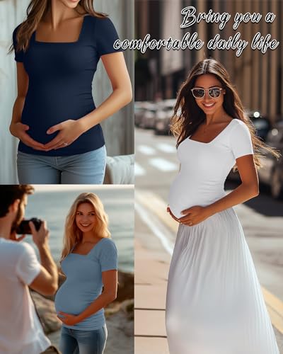 Huukeay 4 Pack Women's Maternity Shirts Cotton Ribbed Short Sleeve Square Neck Pregnancy Tops Side Ruched Summer Tee