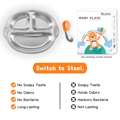 Mrs. Chou® Stainless Steel Baby Suction Plates Divided Designed for Babies and Toddlers, Made of 100% Food-Grade Materials Ideal for Baby-Led Weaning BPA-Free Toddler Feeding Supplies Dishwasher Safe