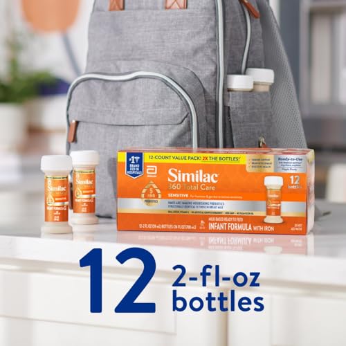 Similac 360 Total Care Sensitive Infant Formula for Fussiness & Gas Due to Lactose Sensitivity, Has 5 HMO Prebiotics, Non-GMO, Baby Formula, Ready to Feed, 8-fl-oz Bottle, Pack of 24