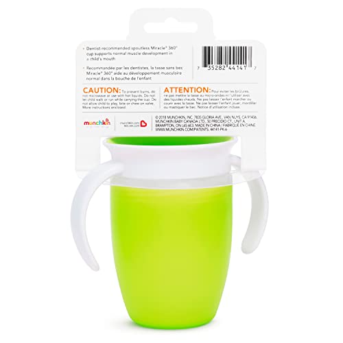 Munchkin Sippy Cup for 6 Month Old and Up, Spill Proof Miracle 360 Toddler Cups with Transition Handles, 7 Ounce, 2 Pack, Blue/Green