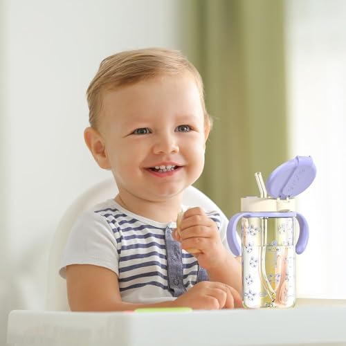 Evorie Tritan Spill Proof Toddler Straw Sippy Cup, 10 oz for Baby and Toddlers 1-3 Years Old, No Spill Straw Water Bottle with Removable Handles, Ideal for School, BPA-Free, Pink Rabbit