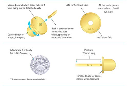 10k Yellow Gold Basket Round CZ Cubic Zirconia Solitaire Children Stud Screwback Baby Girls Earrings
