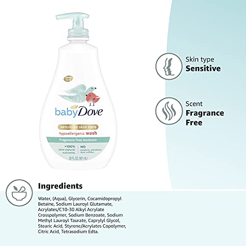 Baby Dove Sensitive Skin Care Baby Wash Fragrance Free Moisture For Baby Bath Time Fragrance Free and Hypoallergenic, Washes Away Bacteria 34 oz (Pack of 1)
