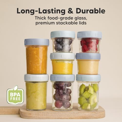 KeaBabies 4pk 8oz & 4pk 4oz Glass Baby Food Containers with Lids - Leak-Proof,Microwavable Small Glass Jars,Baby Purees & Toddler Snack Storage Containers,BPA-Free,Dishwasher & Freezer Safe(Musk Dusk)