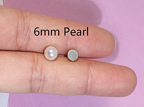 6mm Pearl Stud Earrings Flat Screw Back,14K Gold Pearl Cartilage Helix Earrings Hypoallergenic 316L Surgical Steel Piercing Jewelry Gift for Girls Women Toddlers(6mm Pearl, Gold)