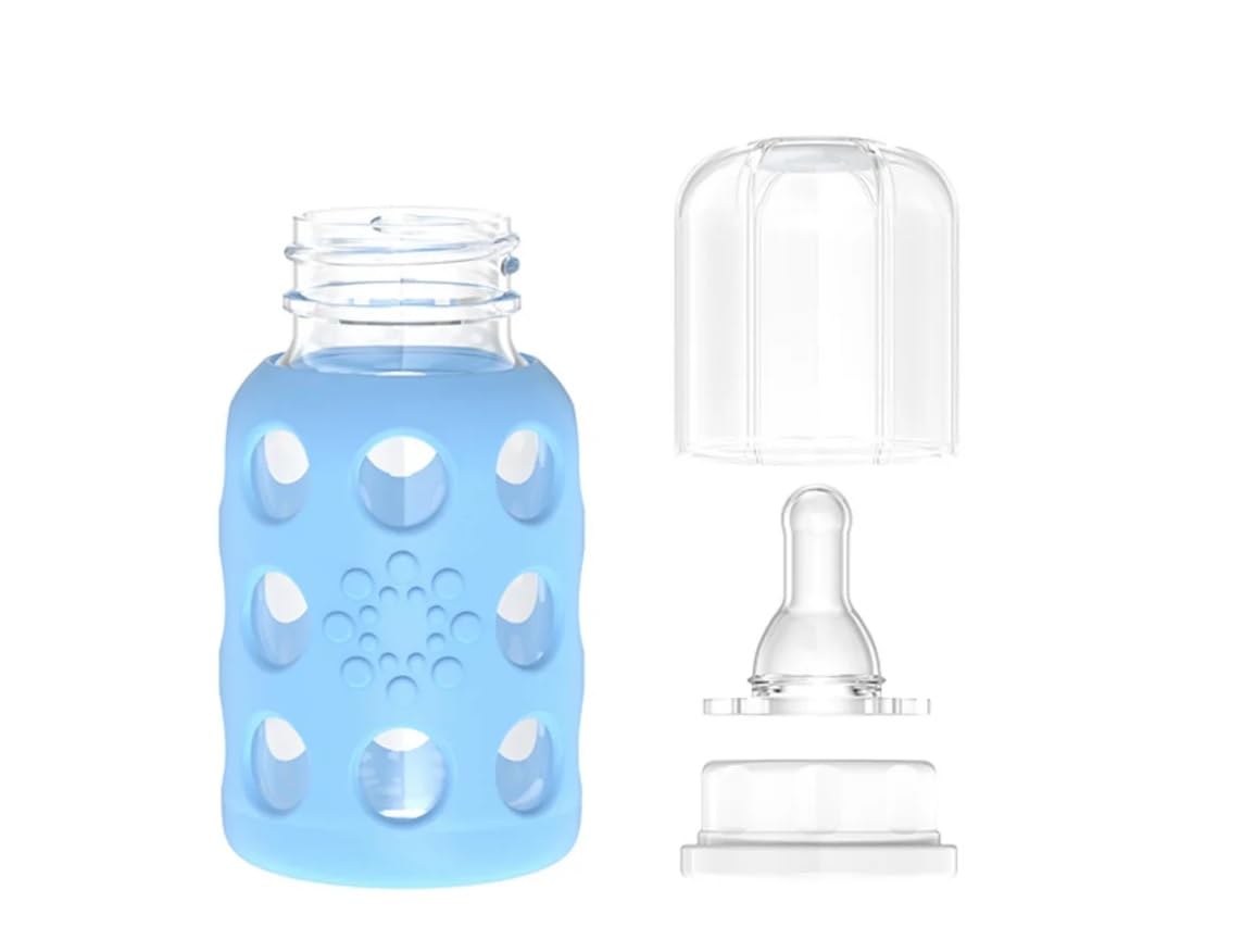Lifefactory Glass Baby Bottles with Silicone Protection - 2-PACK, 4 Ounce Bottles, Pink & Sky Blue