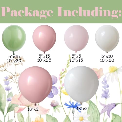 Baby in Bloom - Kit de arco de globos de 139 piezas, guirnalda de globos color verde salvia pastel y rosa para decoración de fiesta de cumpleaños de baby shower