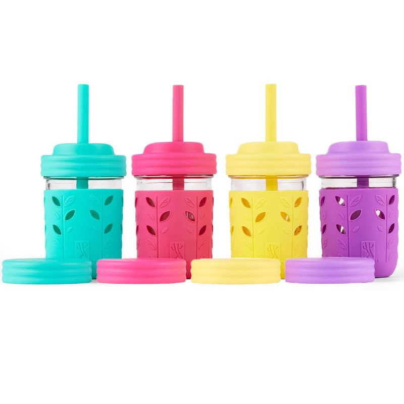 Elk and Friends Kids & Toddler Cups | The Original Glass Mason jars 8 oz with Silicone Sleeves & Silicone Straws with Stoppers | Smoothie Cups | Spill Proof Sippy Cups for Toddlers