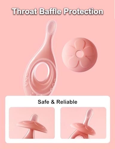 Baby Toothbrush & Teether, Silicone Teething Relief, Baby Tongue Cleaner, Extra Soft Bristle Toddler Training Toothbrush with Storage case, BPA Free, Adjustable Safety Shield - Pink