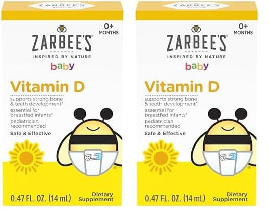 Zarbee's Vitamin D Drops for Infants, 400IU (10mcg) Baby & Toddler Liquid Supplement, Newborn & Up, Dropper Syringe Included, 0.47 Fl Oz