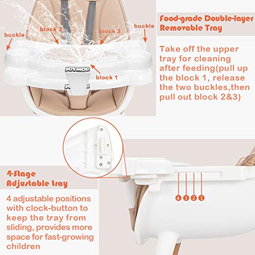 JOYMOR 5-in-1 Convertible Baby High Chair for Babies and Toddlers, Table and Chair Set, Wooden Infant Eating Highchair with Leather Seat Cushion, 4-Position Removeable & Adjustable Tray (Biege)