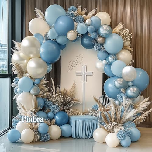 Dusty Blue Balloon Garland Double Stuffed Slate Pastel Blue White Sand Pearl Balloon Arch Kit for Baby Shower Birthday Bridal Shower Wedding Graduation Party Decorations