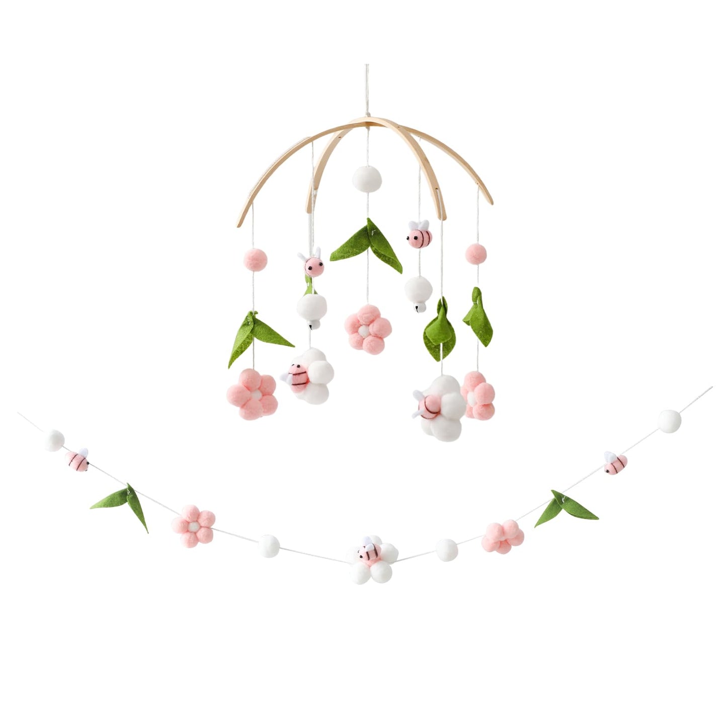 OESSUF Baby Mobile for Crib, Crib Nursery Mobile for Boys Girls, Boho Bee Flower Nursery Decor Soothe Toy Baby Shower Set for Infant Bedroom Hanging Decoration Toy, Pink