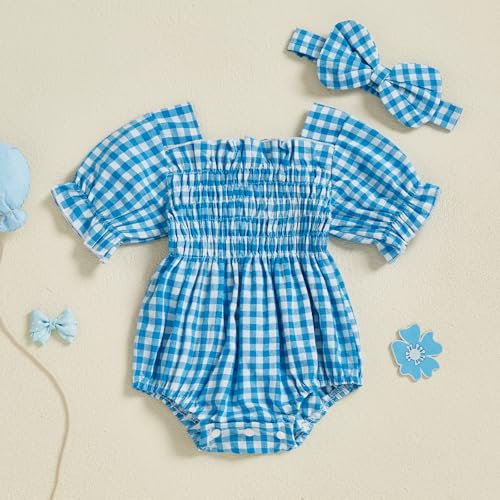 Infant Baby Girls Romper Ruffle Sleeve Pleated Smocked Bubble Plaid One Piece Ruched Jumpsuit Summer Bodysuit