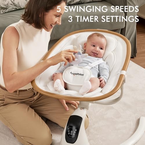 Angelbliss Baby Swing with Cry Detection, Side-to-Side Electric Swing with 5 Speeds, 180° Rotation, Indoor for Infants and Toddlers (Black)