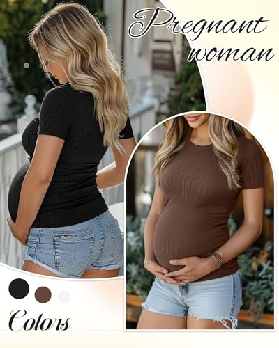 Ficerd 3 Pack Women's Maternity Shirts Cotton Short Sleeve Pregnancy Tops Side Ruched Ribbed Casual Mama tees Clothes