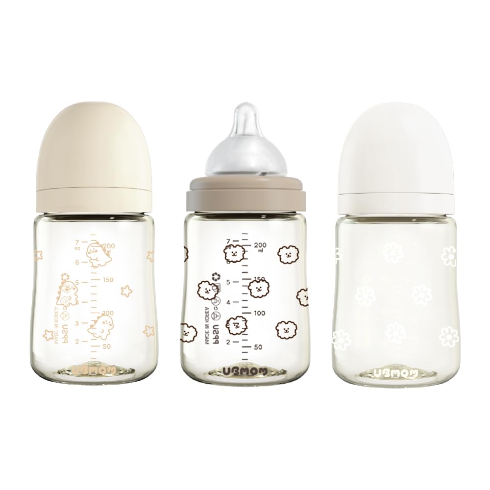 PPSU Baby Bottle for Breastfeeding Babies, Anti-Colic Wide-Neck Non-Tip Stable Base, Nipple S Level(0~3M), Easy to Clean Natural Baby Bottle Bundle 200ml, 6.76oz (3pcs Set)