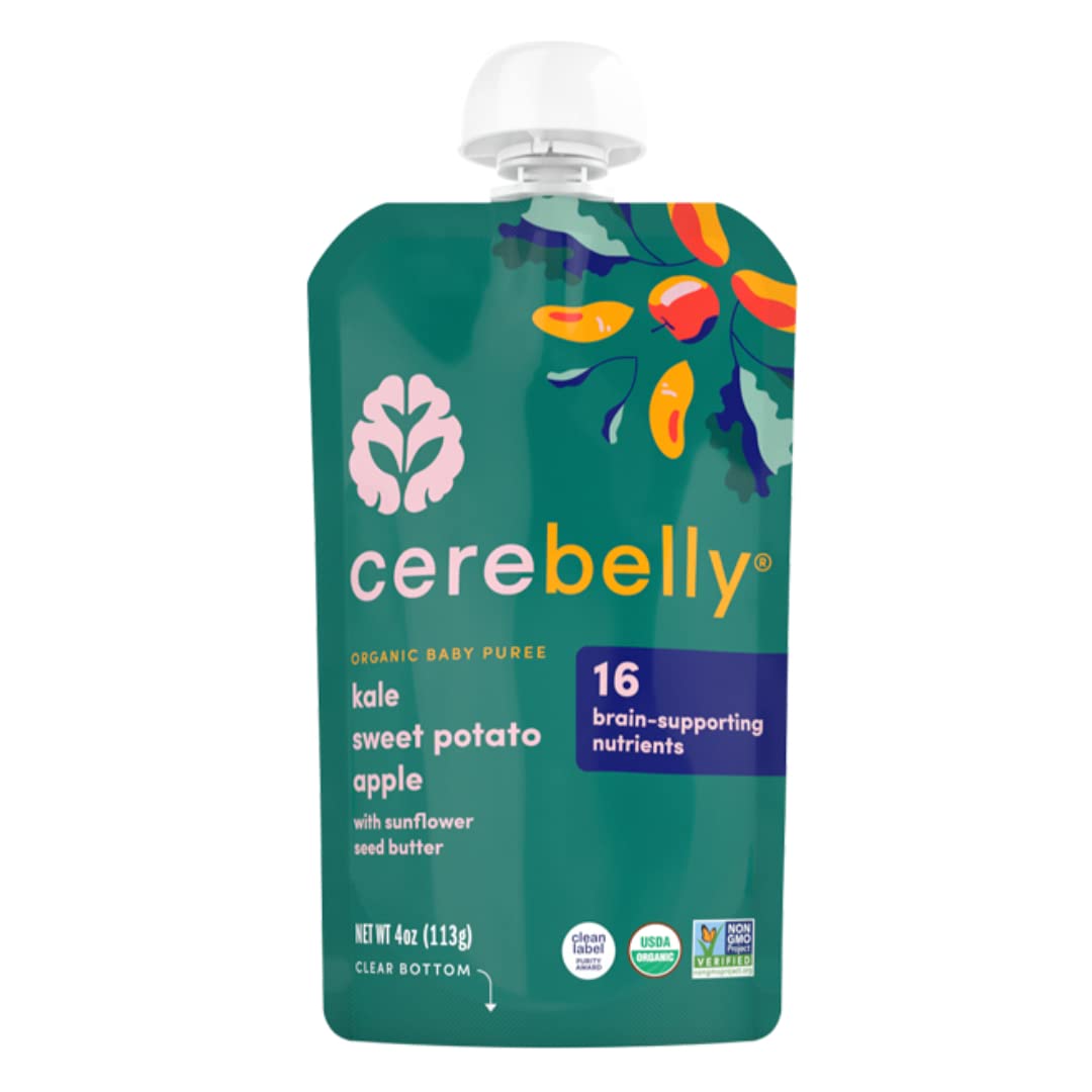 Cerebelly Organic Baby Food Pouches Variety Pack – Organic Veggie Purees for Toddlers | No Added Sugar, Fiber, Non-GMO | Blended Toddler Pouches | 4 Ounce BPA-Free Pouch | 4 Flavors | 8 Count