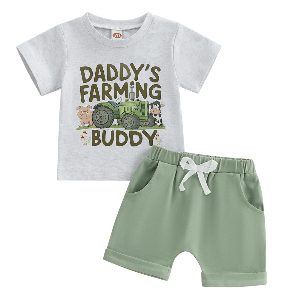 Pudcoco Toddler Baby Boys Girls Summer Clothes Farm Animal Outfit Short Sleeve T-shirt and Solid Color Shorts Set