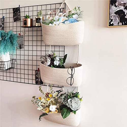 TeoKJ Over the Door Hanging Basket, 3-Tier Woven Cotton Wall-Mounted Storage Organizer Bag Decorative Hanging Nursery Baskets - Jute