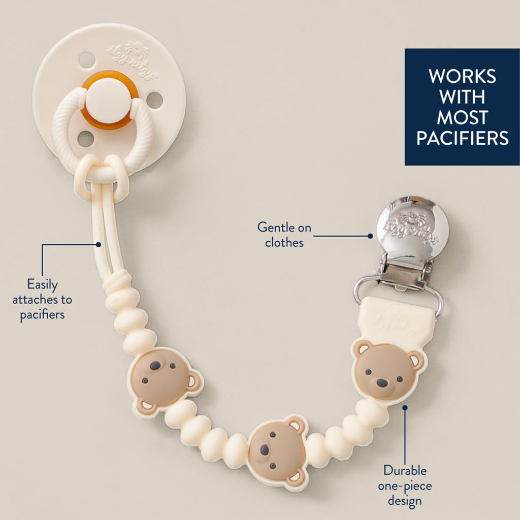 Itzy Ritzy Silicone Pacifier Clip; 100% Food Grade Silicone Pacifier Strap with Clip Keeps Pacifiers, Teethers & Small Toys in Place; Features One-Piece Design, Bear Character & Silicone Cord (Bear)
