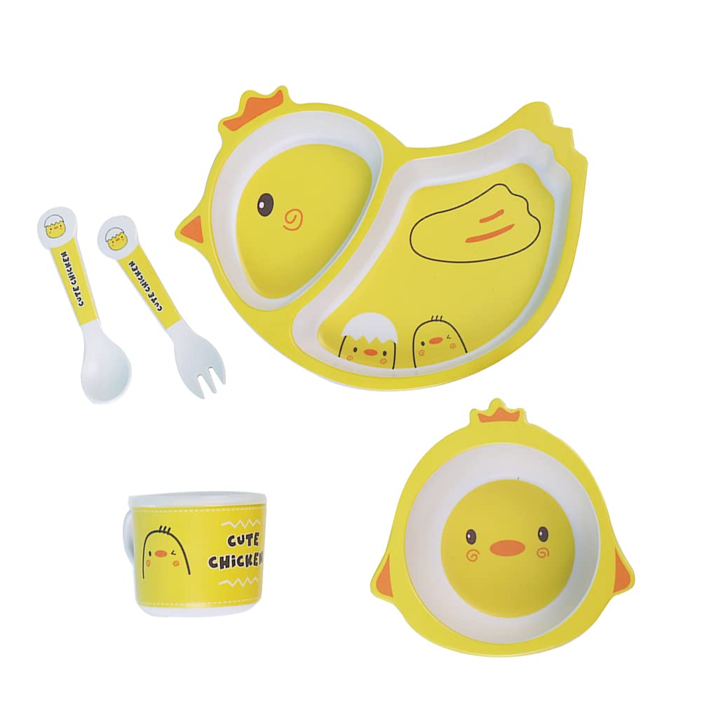Bamboo Kids Dinnerware Set 5 Pcs Includes Plate Bowl Cup Fork Spoon Perfect for Kids BPA-Free (Little Dinosaur)