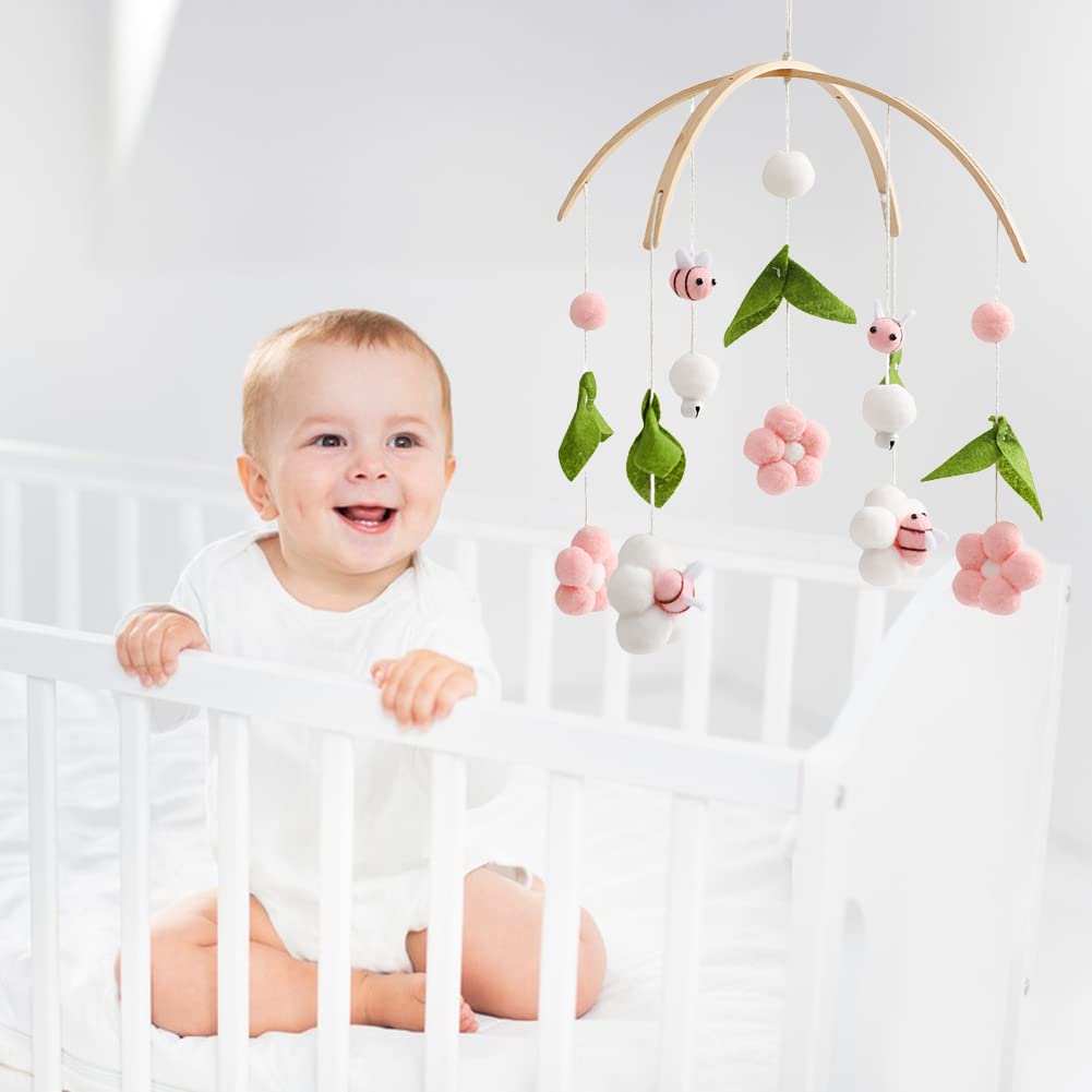 Baby Crib Mobile Wooden Wind Chime Bed Bell, Nursery Mobile Crib Rattle Bedroom Ceiling Wind Chime Hanging Bees Plush Flower Wooden Rotating Toy Newborn Bed Decor (Pink)