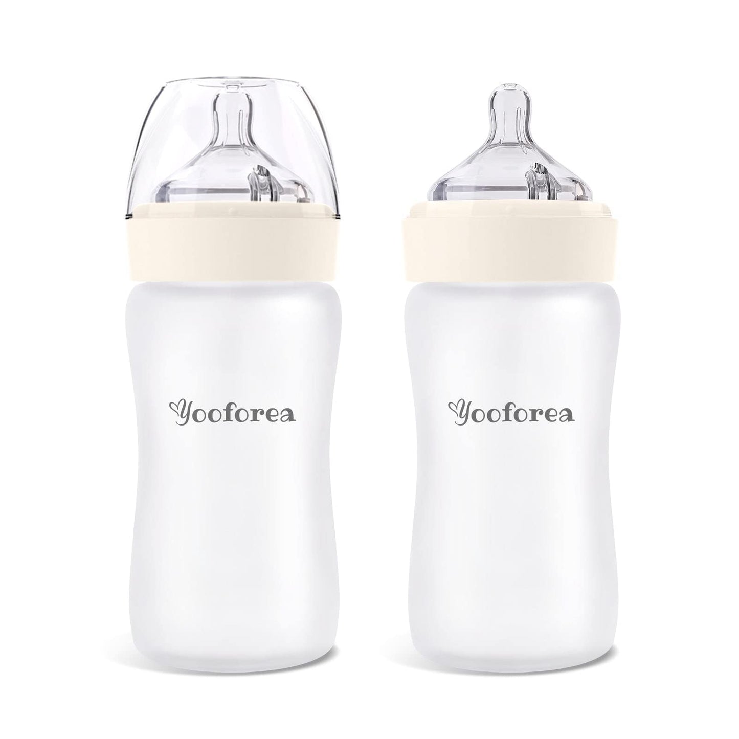 Yooforea Silicone Coated Glass Baby Bottle, 0M+ Slow Flow Nipple I Anti-Colic, Wide Neck, Stable Base I Medical-Grade Silicone Coating for Shatter Protection, BPA BPS PVC Free (3 Ounce-Honey)