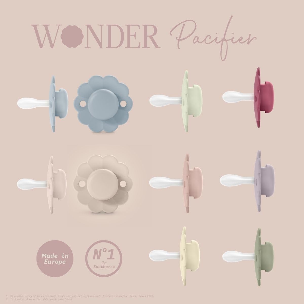 Suavinex Wonder Baby Pacifier, SX Pro Silicone Nipple, Reversible, Non Irritating Shield Design, 2 Pk Pacifiers 0-6 Months, Made in Europe, Mauve/Chalk