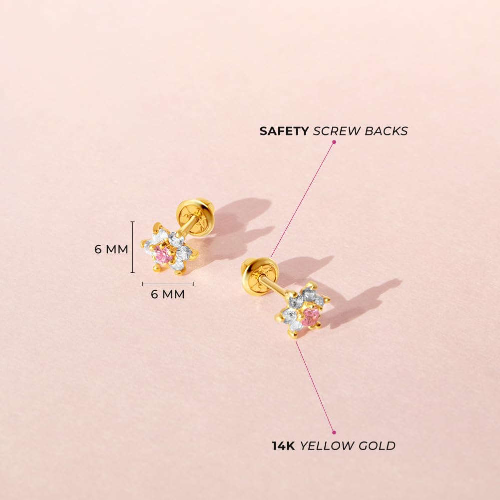 14k Yellow Gold Colorful Cubic Zirconia Flower Studs - Screw Back Earrings for Toddlers & Little Girls - Casual & Sparkly Flower Earrings for Children