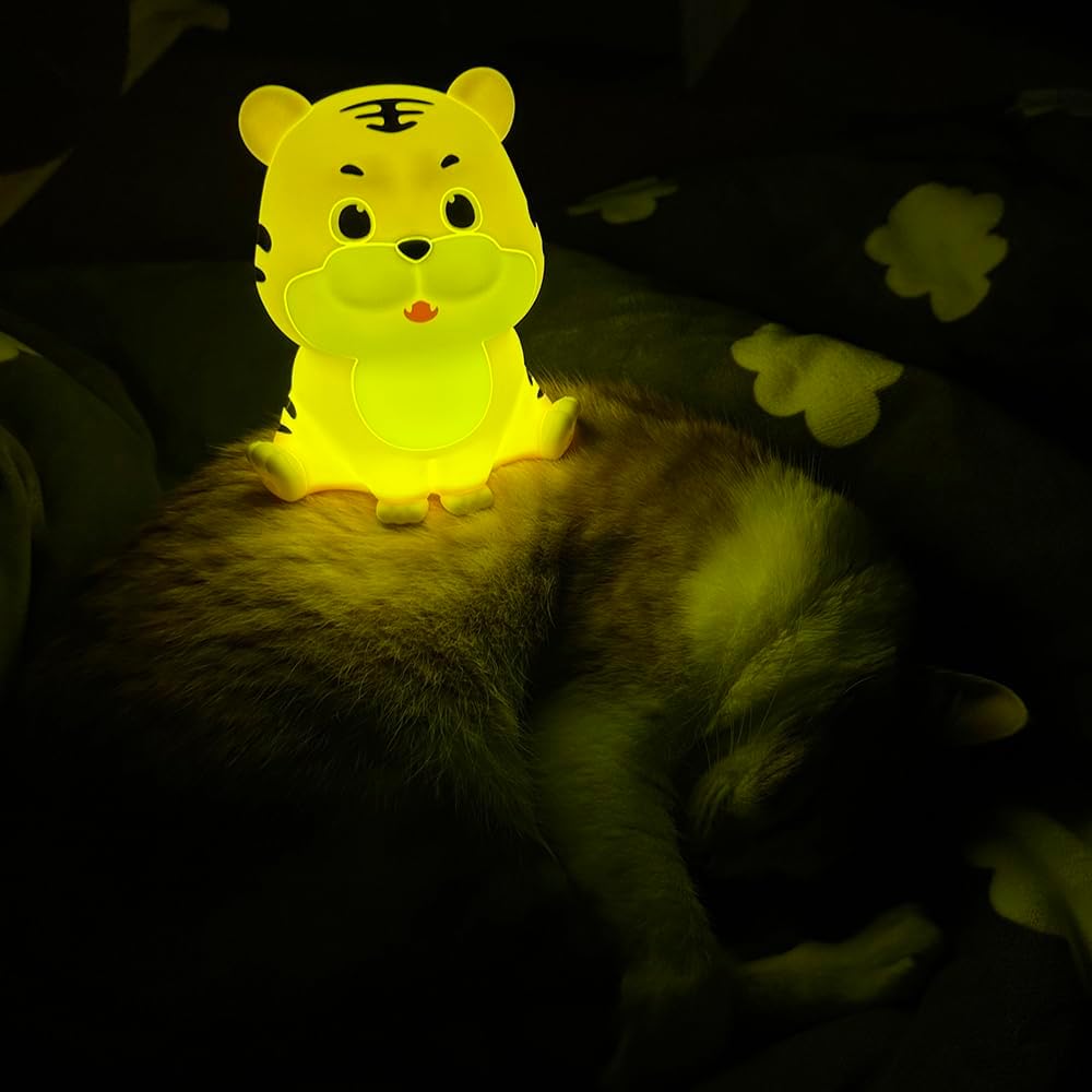 LED Night Light, Cute Tiger Touch Control Soft Silicone Portable Bedroom Lamp, Brightness Adjustable, Non-Flickering Eye-Caring Warm Light, Type-C USB Rechargeable, Timing Function