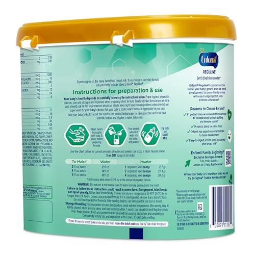 Enfamil Reguline Baby Formula, Milk-Based Infant Nutrition, Dual Prebiotics for Soft, Comfortable Stools within 1 Week of Use, Omega-3 DHA for Immune Support, Reusable Powder Tub, 19.5 Oz
