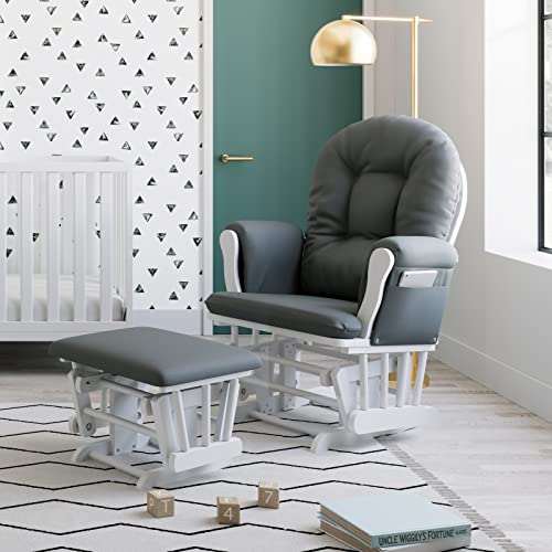 Storkcraft Premium Hoop Glider and Ottoman (Espresso Base, Gray Cushion) – Padded Cushions with Storage Pocket, Smooth Rocking Motion, Easy to Assemble, Solid Hardwood Base