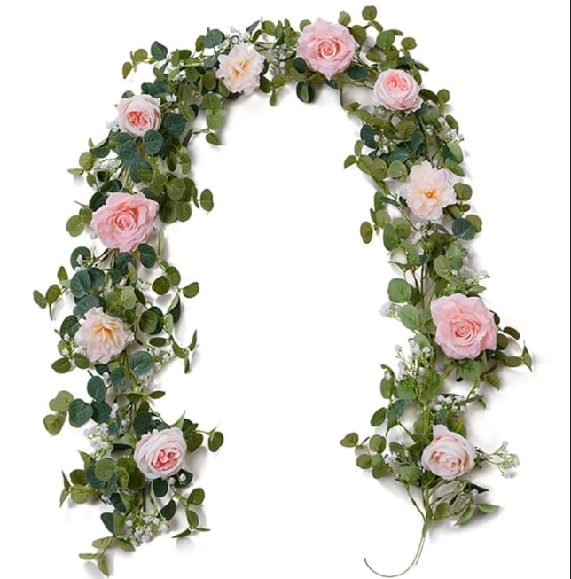 Anna's Whimsy 5.91FT Artificial Eucalyptus Garland with Flowers, Fake Flower Rose Gypsophila, Faux Floral Greenery Garland for Wedding Spring Home Party Craft Art Table Runner Decor