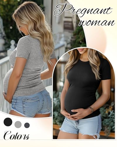 Ficerd 3 Pack Women's Maternity Shirts Cotton Short Sleeve Pregnancy Tops Side Ruched Ribbed Casual Mama tees Clothes