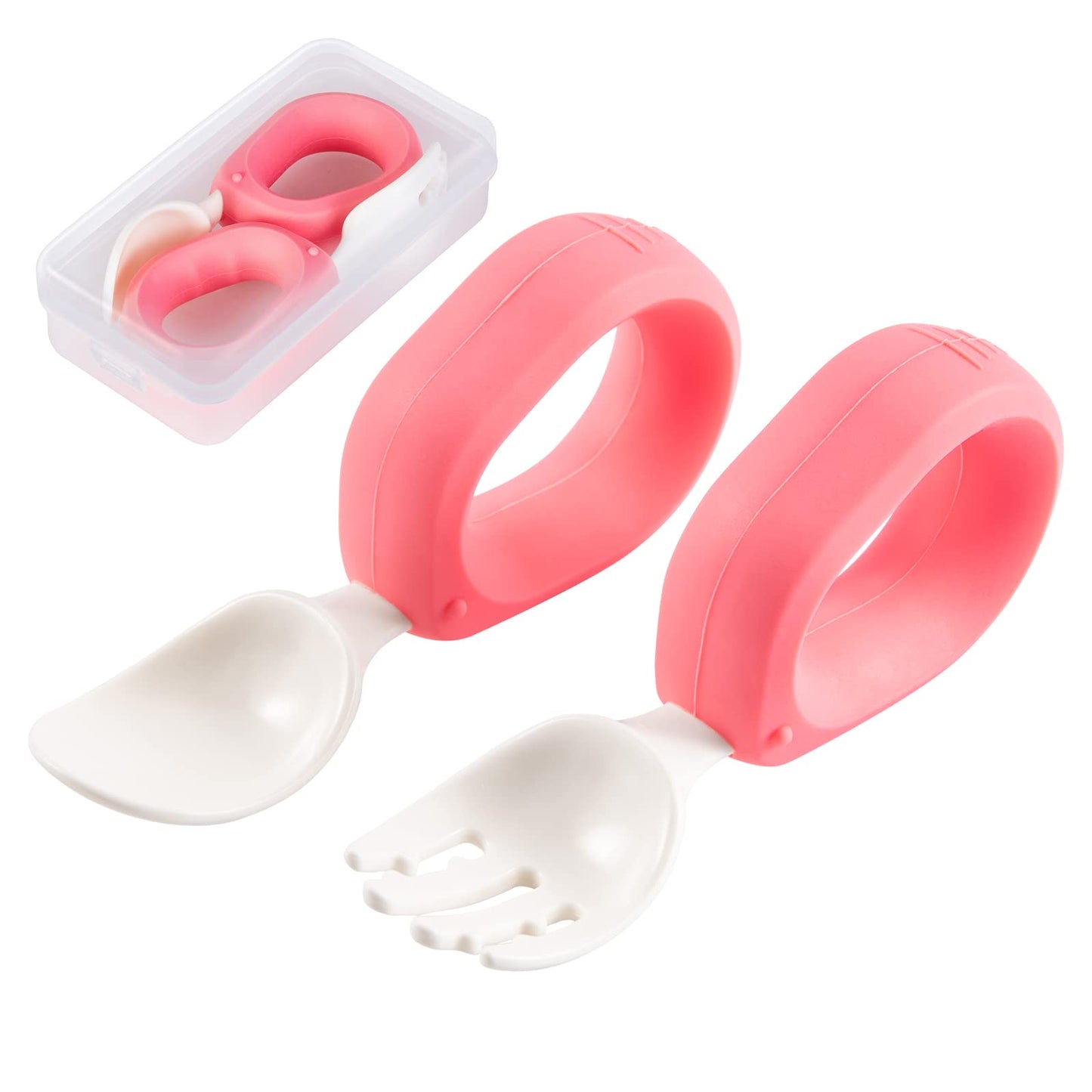 Baby Self Feeding Training Spoon and Fork Set with Travel Case, BPA-Free Cute Circle Toddler Training Utensils, Silicone/ABS Great Tableware Set Spoons Fork for Kids(Yellow)