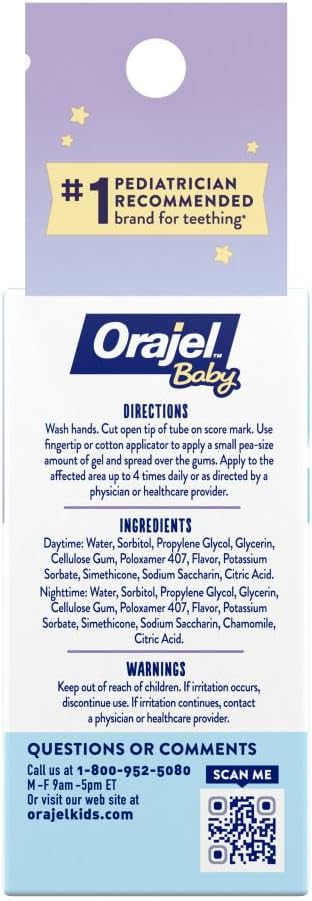 Orajel Baby Daytime & Nighttime Cooling Gels for Teething, Drug - Free, #1 Pediatrician Recommended Brand for Teething*, Two 0.18oz Tubes