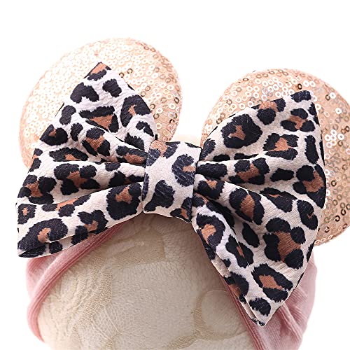 JIAHANG Baby Leopard Bows Turban Knotted Head Wraps, Hair Bows Headbands Stretchy Hair bands for Infant Toddlers Girls (pink leopard)