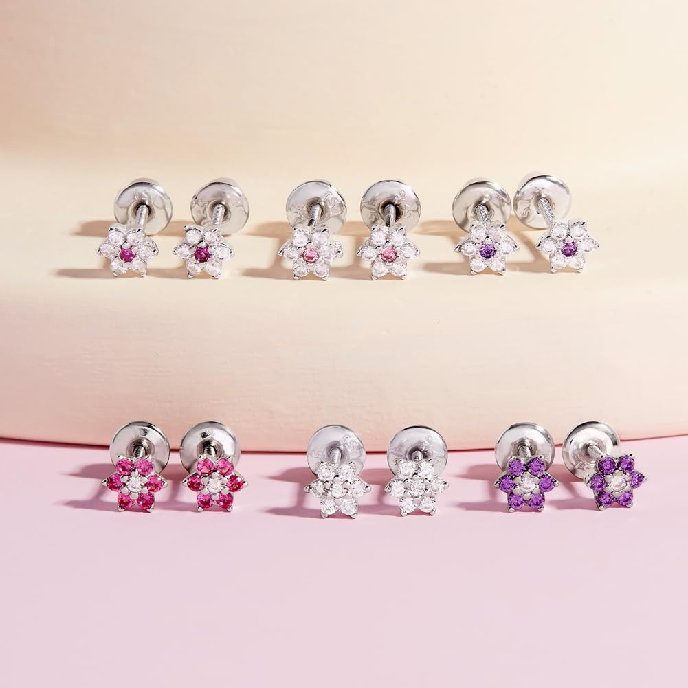 925 Sterling Silver Kids Earrings with 5mm Flower & Screw Backs for Young Girls - Dainty CZ Flower Screw Backs for Toddlers and Little Girls - Cubic Zirconia Floral Studs for Children
