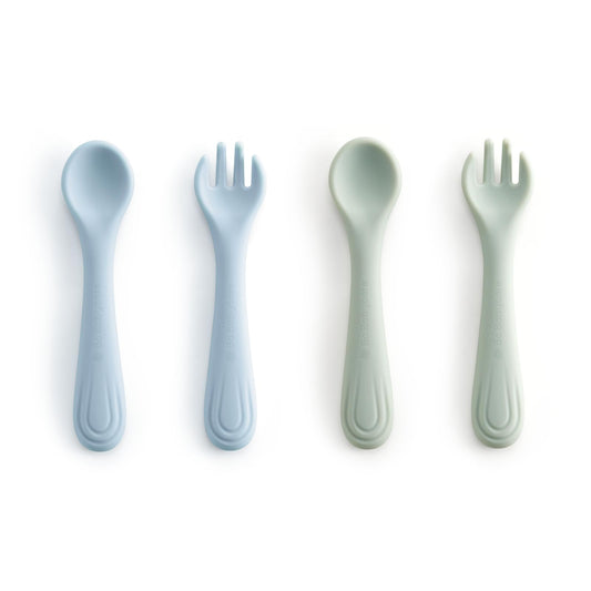 Bc Babycare Portable 4 Pack Baby & Toddler Self Feeding Fork and Spoon Set with Storage Case, BPA-Free Silicone Utensils for Boys and Girls, Safe & Easy to Carry, Blue & Pink