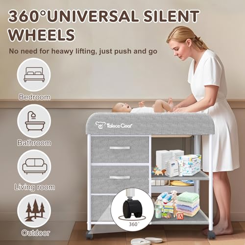 G TALECO GEAR Baby Changing Table, Portable Changing Table, Diaper Changing Station with Waterproof Pad, Changing Table Dresser with 3 Storage Baskets, Mobile Nursery Organizer for Newborn Essentials