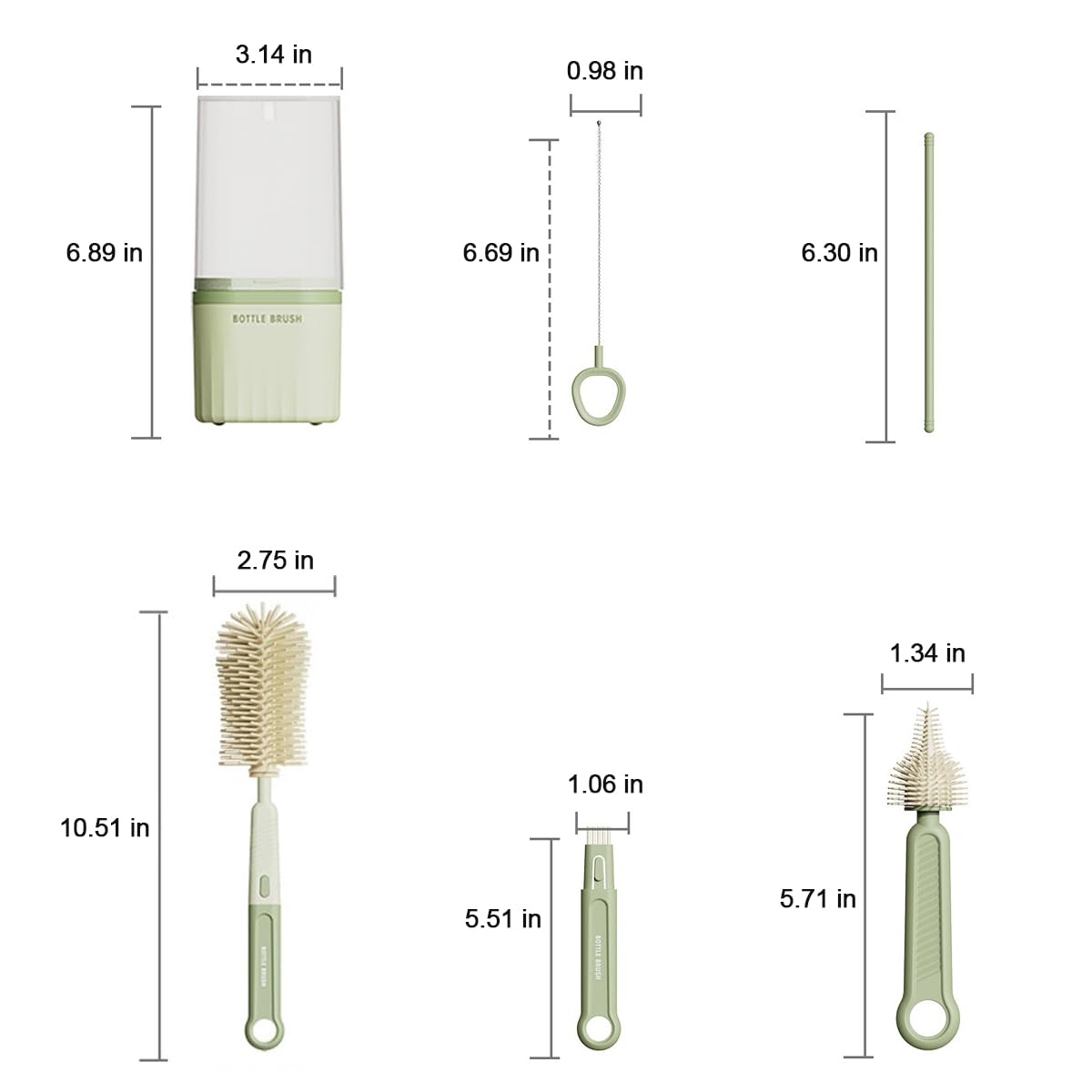 Bottle Brush Set - Baby Travel Essential - Bottle Cleaner Kit with Silicone Bottle Brush,Nipple Cleaner Brush,Straw Brush,Storage Box,Bottle Drying Rack for Home and Travel(Green)
