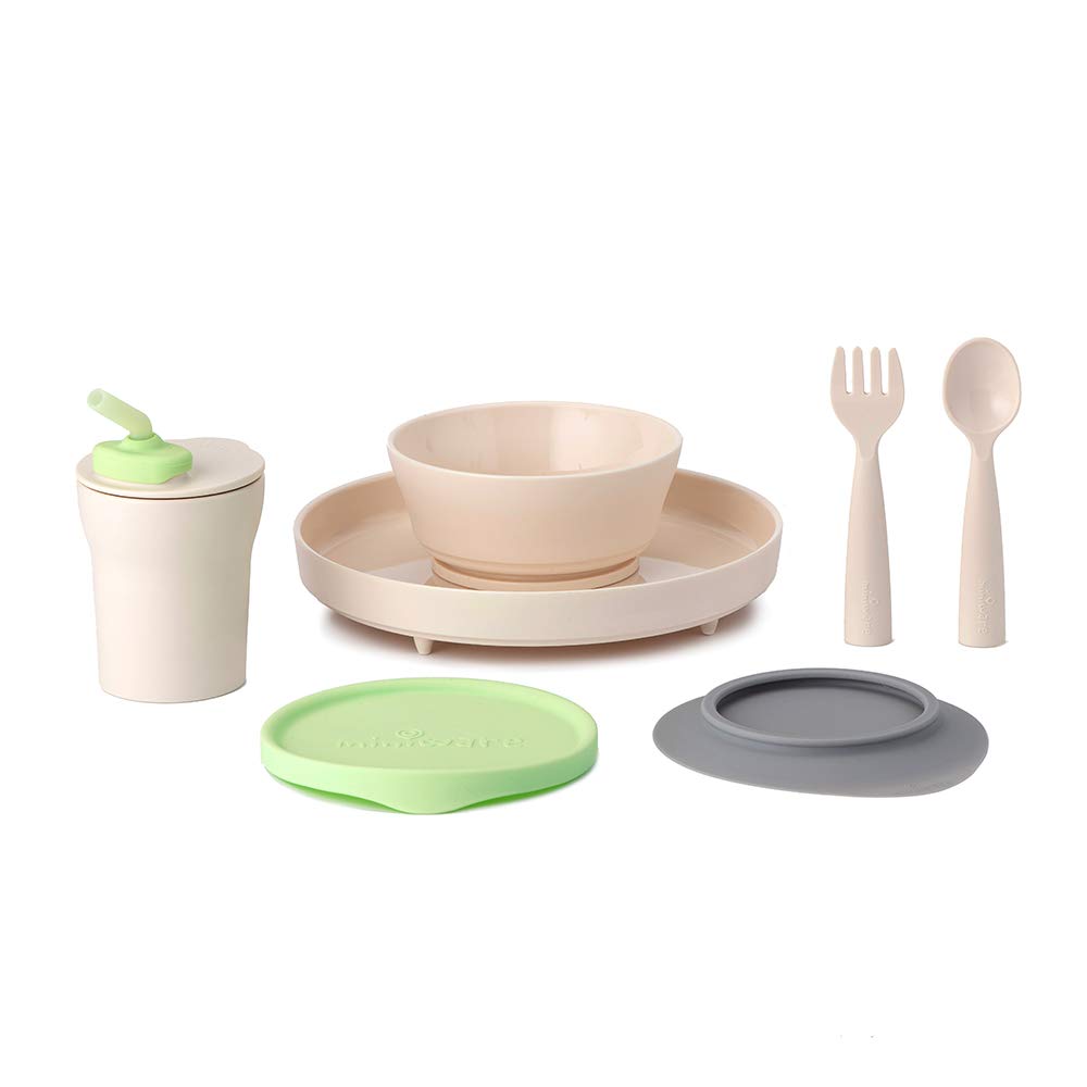 Miniware Little Foodie Set with Cereal Bowl, Sandwich Plate, My First Cutlery Set, 1-2-3 Sip Cup, and Detachable Suction Foot for Baby Toddler Kids (Little Camper)