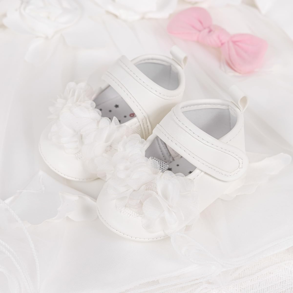 Meckior Newborn Baby Girls Dress Shoes Infant Bowknot Soft Sole Mary Jane Moccasins Baptism Christening Crib Shoes Wedding Princess Flats