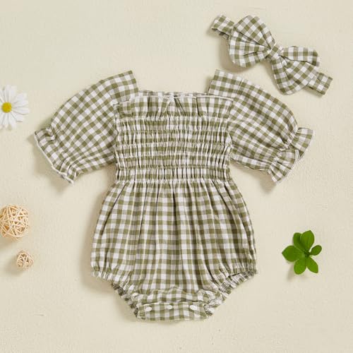 Infant Baby Girls Romper Ruffle Sleeve Pleated Smocked Bubble Plaid One Piece Ruched Jumpsuit Summer Bodysuit