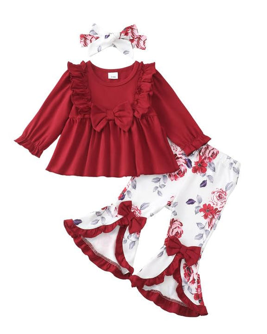Toddler Baby Girl Clothes Fall/Winter Girls Outfits Ruffle Long Sleeve Tops Floral Flared Pants Girls' Clothing Sets