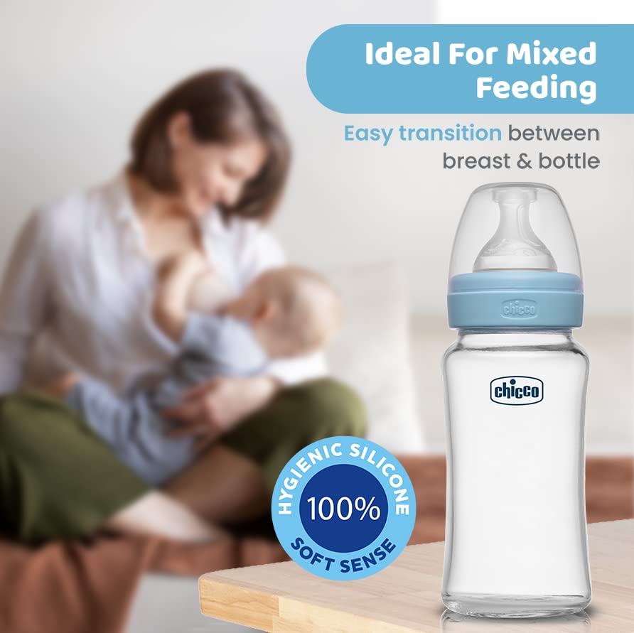 chicco Well-Being Glass Feeding Bottle (240ml, Medium Flow) (Blue)