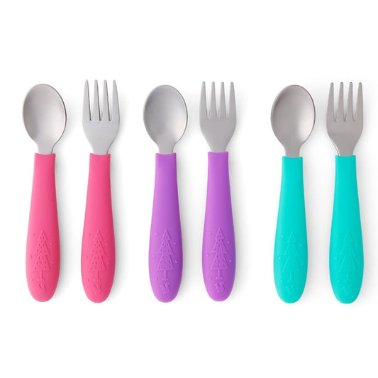 Elk and Friends Kids Silverware with Silicone Handle | Childrens Safe Flatware | Toddler Utensils | Baby Spoons + Forks | Stainless Steel Cutlery