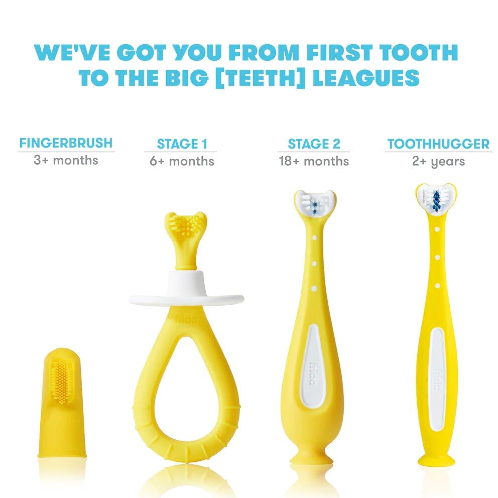 Frida Baby Grow-with-Me Baby Toothbrush Training Set | Infant to Toddler Toothbrush 0-12 months, Cleans All Sides at Once, Oral Care for Sensitive Gums | Yellow